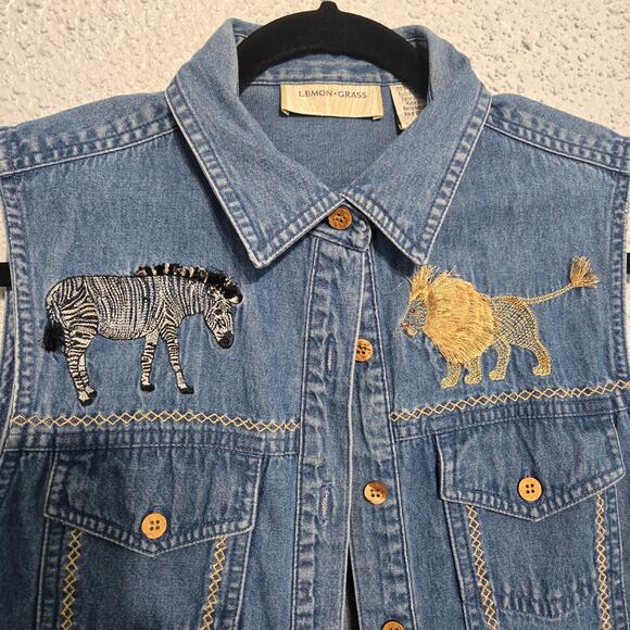 Lemon Grass Button Up Art To Wear Sleeveless Vest Womens M Animal Embroidered - Picture 3 of 6